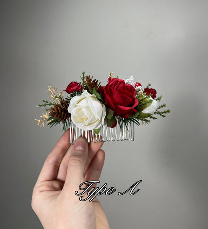 Christmas Hair Pin Wedding White Red Gold Hairpiece Pine Cone Winter Artificial Flowers Dark Red Bridesmaids Hair Accessories Flower Girl