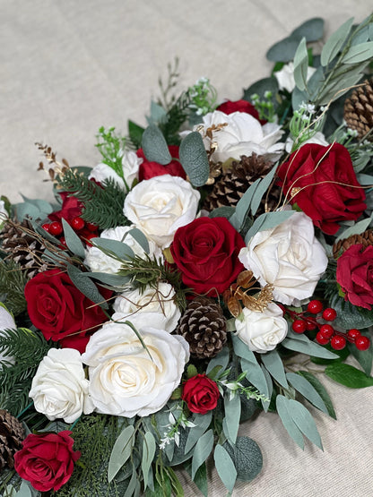 Christmas Arch Arrangement Wedding White Red Arbor Arrangement Pine Cone Backdrop Christmas White Arch Arrangement Red Gold Pine Tree