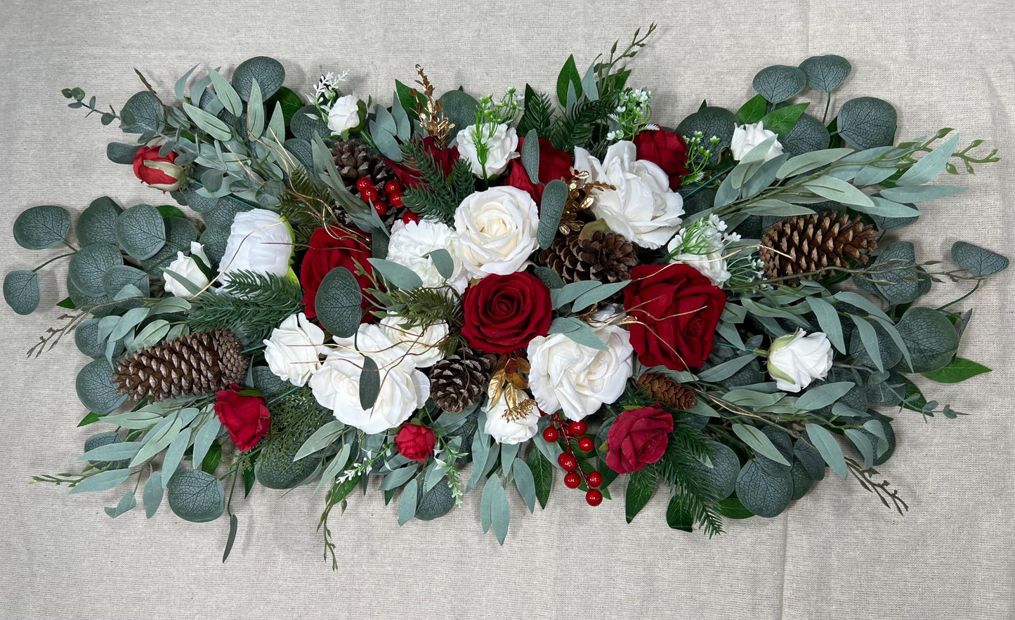 Christmas Arch Arrangement Wedding White Red Arbor Arrangement Pine Cone Backdrop Christmas White Arch Arrangement Red Gold Pine Tree