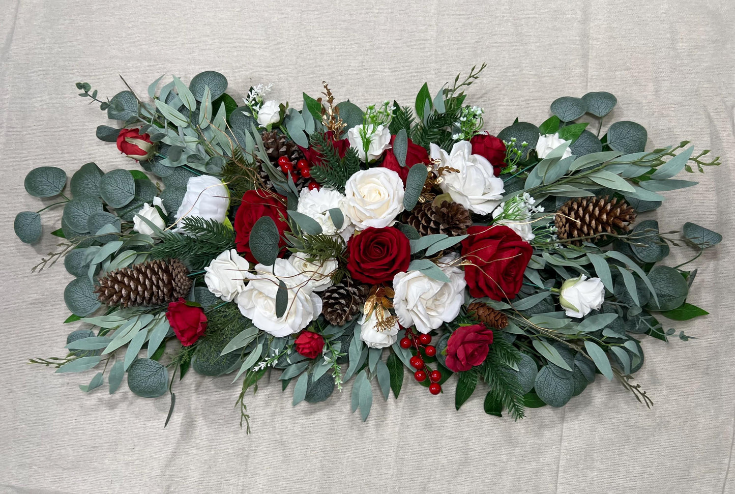 Christmas Arch Arrangement Wedding White Red Arbor Arrangement Pine Cone Backdrop Christmas White Arch Arrangement Red Gold Pine Tree