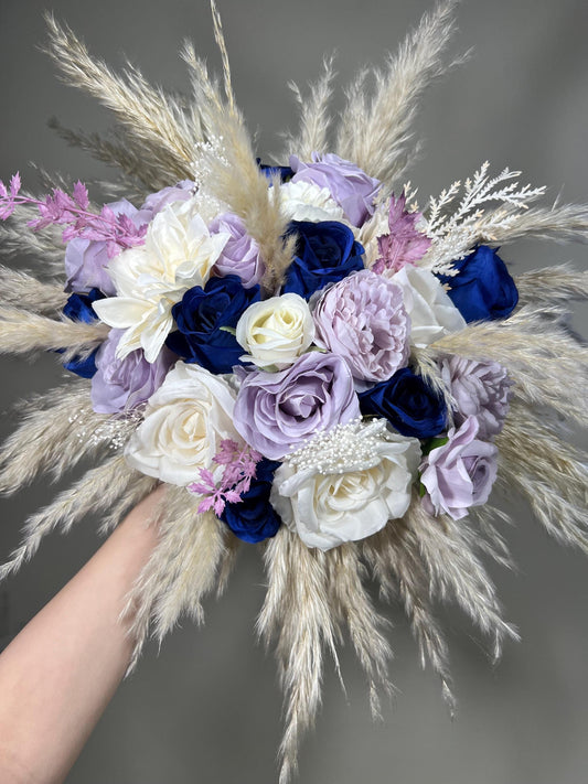 Purple Blue Bouquet Wedding Bridal Royal Blue Lavender Bouquet Bridesmaids Navy Blue Purple Boho Pampas Grass