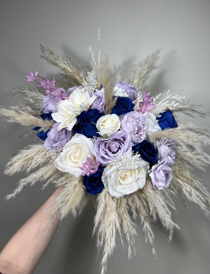 Purple Blue Bouquet Wedding Bridal Royal Blue Lavender Bouquet Bridesmaids Navy Blue Purple Boho Pampas Grass