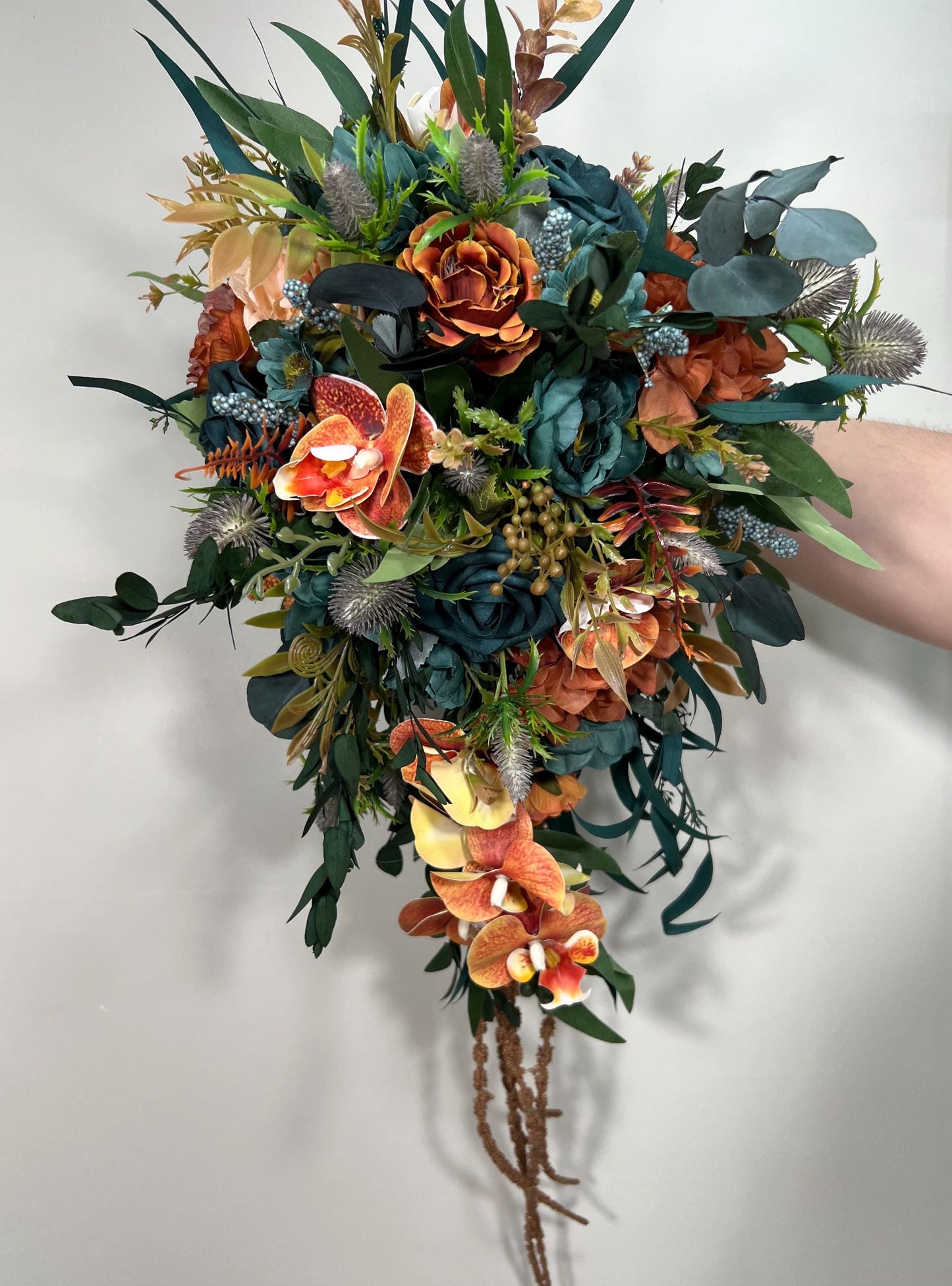 Teal Orange Bouquet Wedding Bridal Cascade Bouquet Terracotta Rustic Dark Teal Rust Orchid Eucalyptus Thistle Burnt Orange Artificial Flower