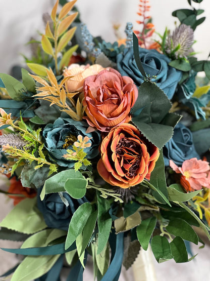 Teal Orange Bouquet Wedding Bridal Cascade Bouquet Terracotta Rustic Dark Teal Rust Orchid Eucalyptus Thistle Burnt Orange Artificial Flower