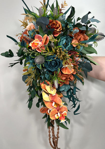 Teal Orange Bouquet Wedding Bridal Cascade Bouquet Terracotta Rustic Dark Teal Rust Orchid Eucalyptus Thistle Burnt Orange Artificial Flower