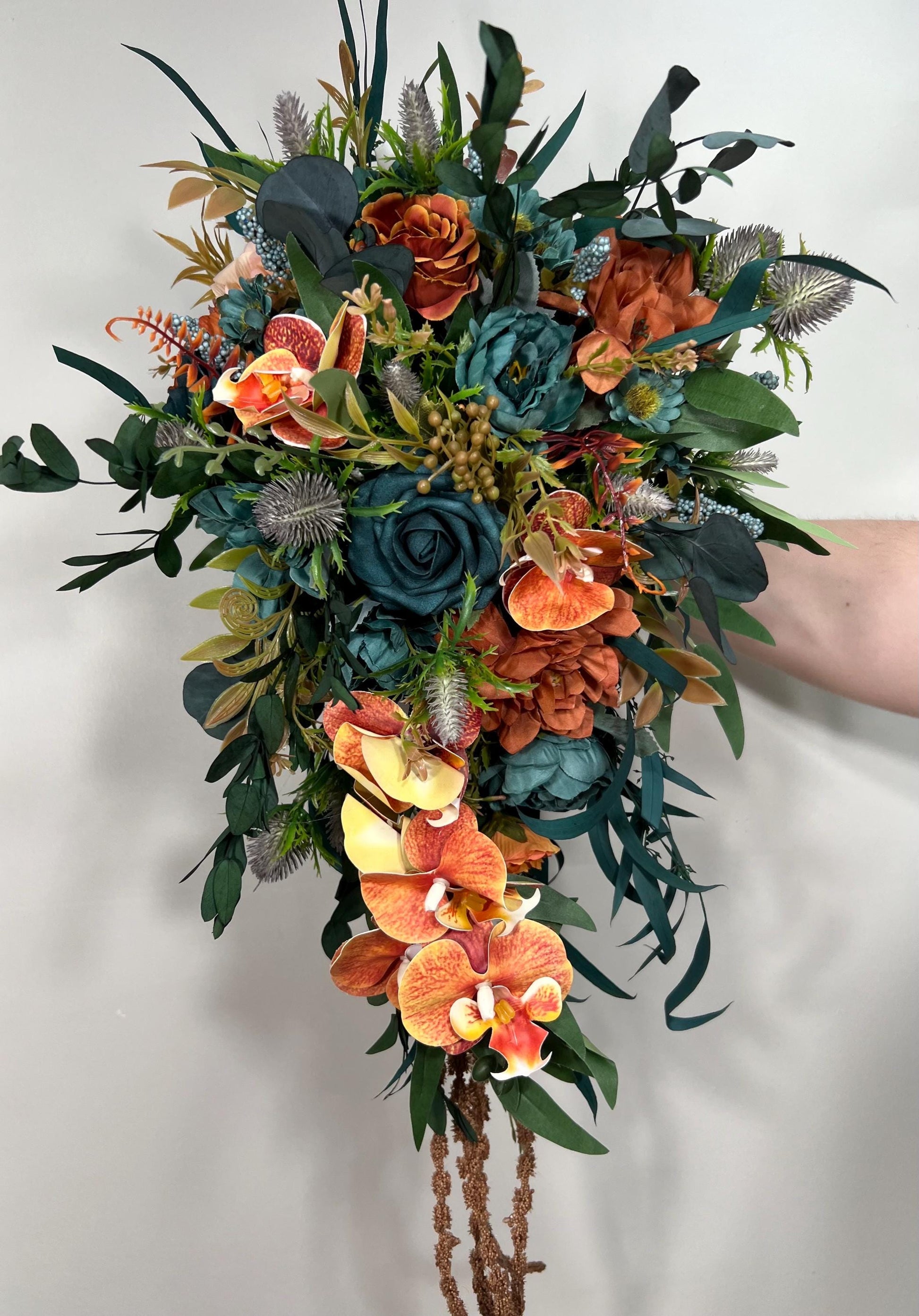 Teal Orange Bouquet Wedding Bridal Cascade Bouquet Terracotta Rustic Dark Teal Rust Orchid Eucalyptus Thistle Burnt Orange Artificial Flower