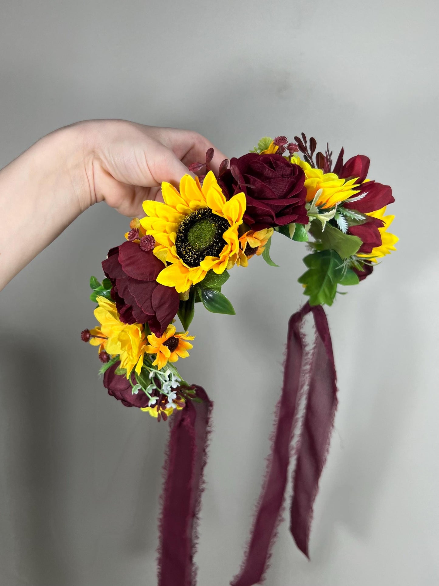 Sunflower Flower Crown Wedding Crown Burgundy Floral Headband Flower Adult Burgundy Crown Sunflower Flower Girl Wreath Crown Children Hair