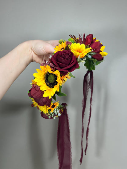 Sunflower Flower Crown Wedding Crown Burgundy Floral Headband Flower Adult Burgundy Crown Sunflower Flower Girl Wreath Crown Children Hair