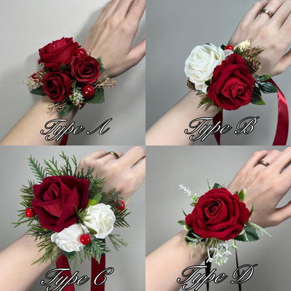 Christmas Cascading Bouquet Bridal Wedding White Red Winter Bouquet Cascade Pine Cones Bridesmaids Ivory Dark Red Gold Artificial Flower