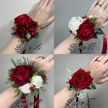 Christmas Cascading Bouquet Bridal Wedding White Red Winter Bouquet Cascade Pine Cones Bridesmaids Ivory Dark Red Gold Artificial Flower
