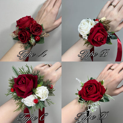 Christmas Cascading Bouquet Bridal Wedding White Red Winter Bouquet Cascade Pine Cones Bridesmaids Ivory Dark Red Gold Artificial Flower