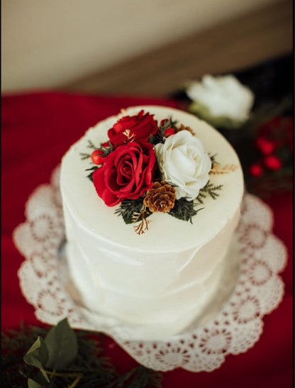 Wedding Christmas Bouquet Bridal Red White Rustic Bridesmaids Decor Gold Christmas Tree Winter Snow Pine Cone Red Berries Artificial
