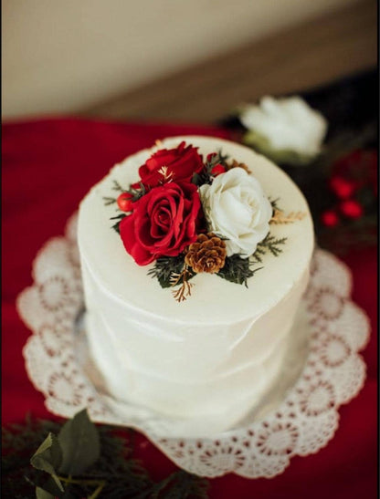 Wedding Christmas Bouquet Bridal Red White Rustic Bridesmaids Decor Gold Christmas Tree Winter Snow Pine Cone Red Berries Artificial