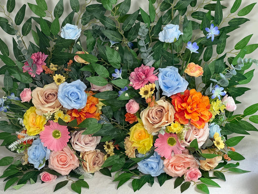 Wedding Aisle Marker Flower Floor Arrangement Whiskey Barrel Décor Wild Flowers Pink Blue Ground Arch Wildflowers Colorful Orange