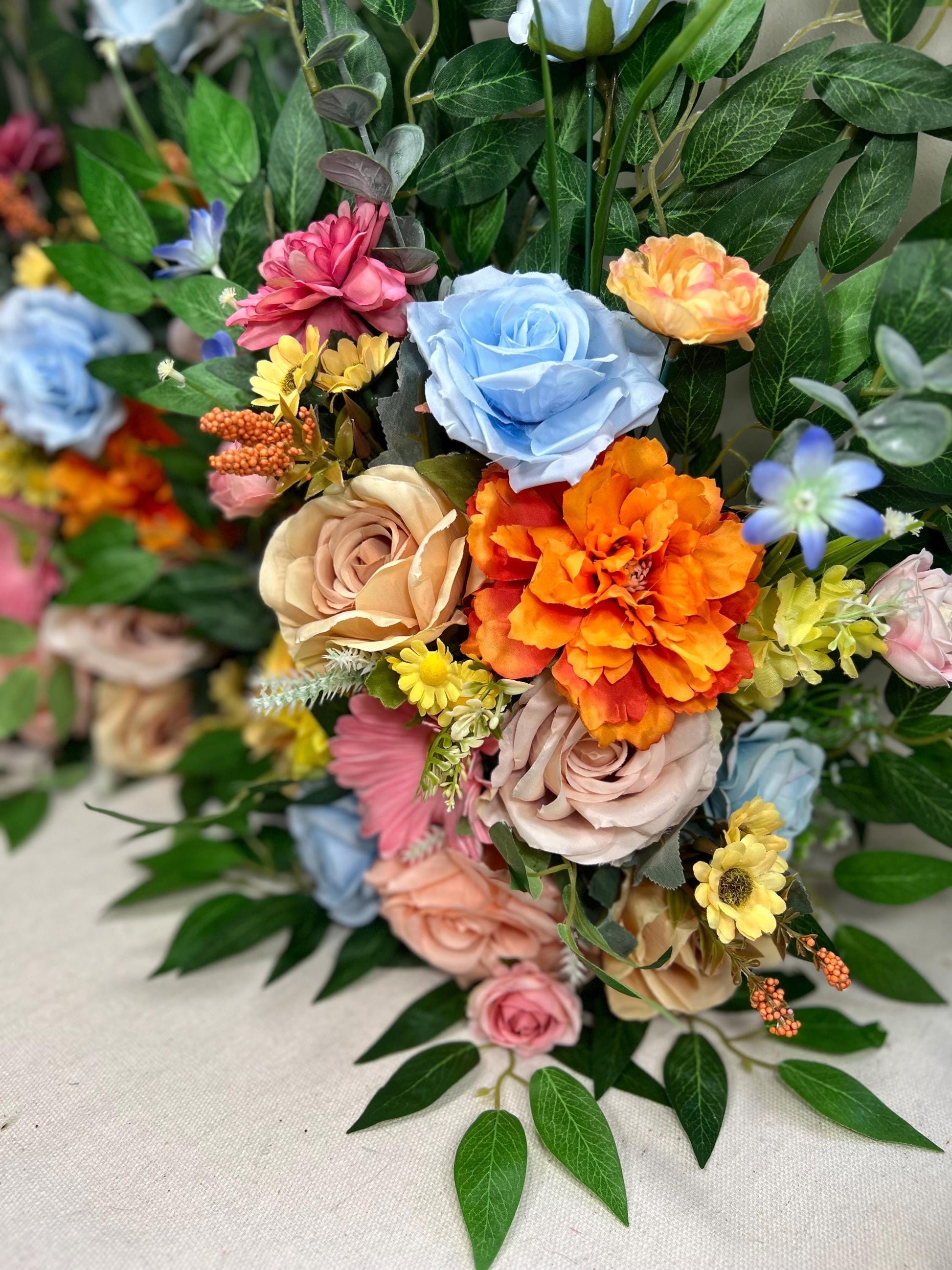 Wedding Aisle Marker Flower Floor Arrangement Whiskey Barrel Décor Wild Flowers Pink Blue Ground Arch Wildflowers Colorful Orange