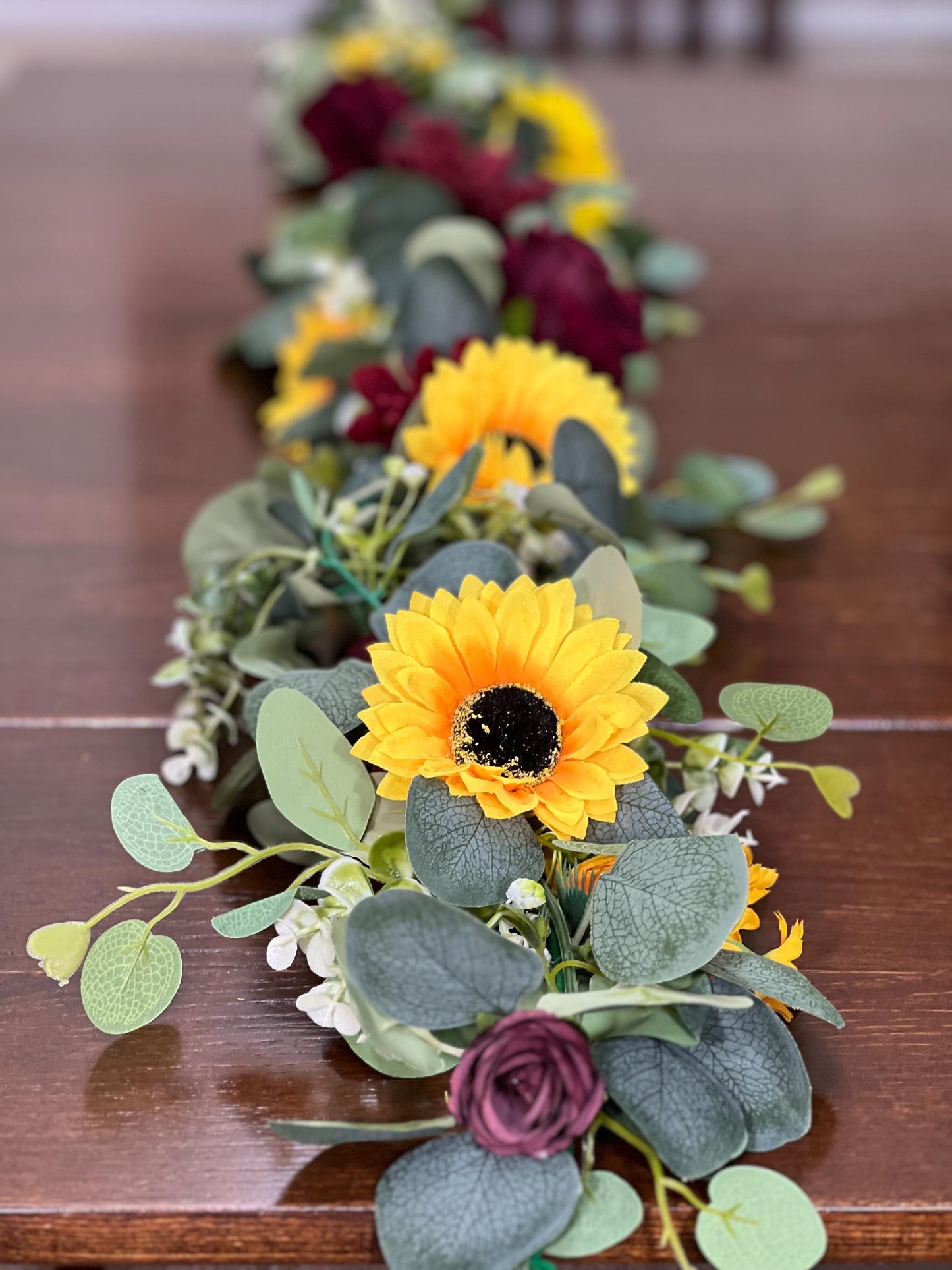 Sunflower Garland Wedding Table Runner Aisle Arrangement Arch Sunflower Burgundy Silver Dollar Sunflower Eucalyptus Garland Greenery