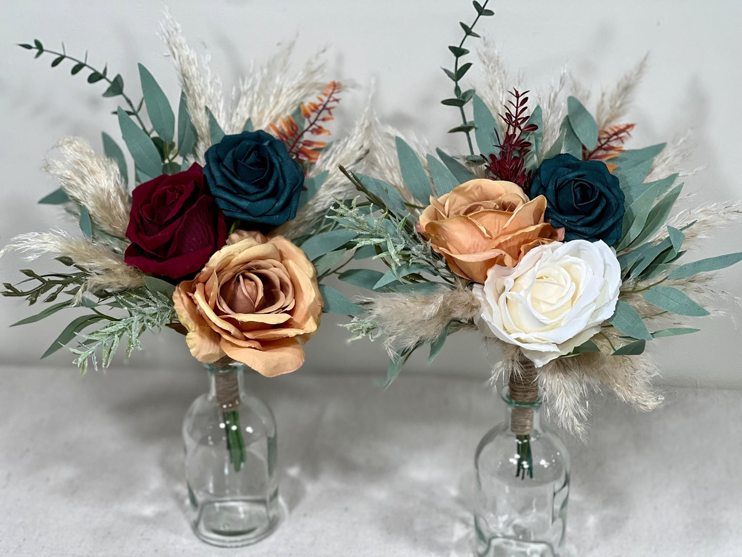 Mini Bouquets for Vases Teal Orange Boho Centerpiece 3 Flowers Dark Teal Burgundy Mini Centerpiece Decor Teal Burnt Orange Eucalyptus