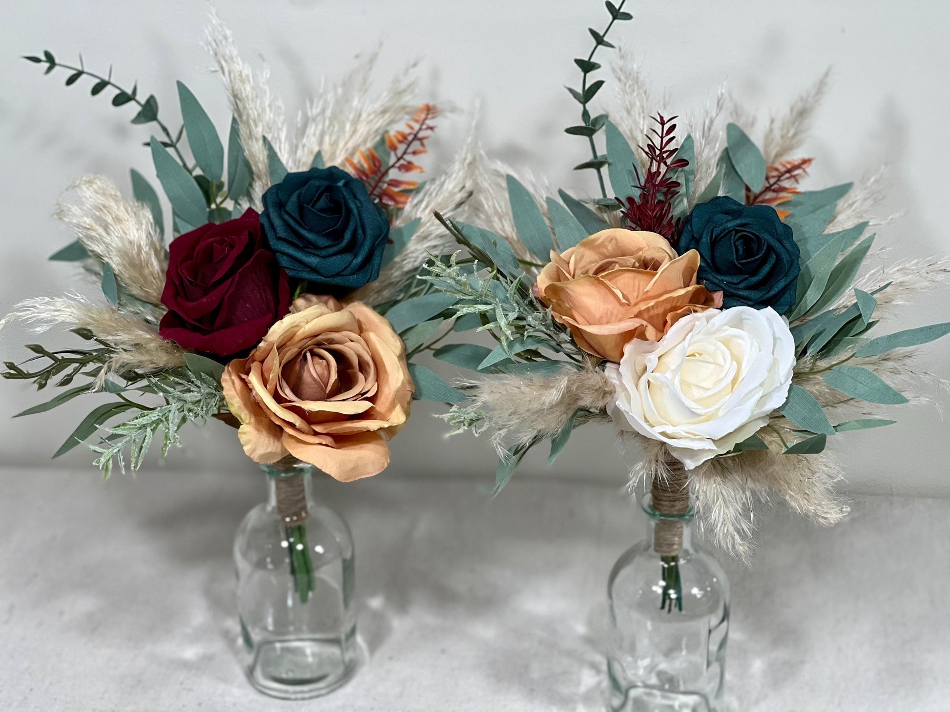 Mini Bouquets for Vases Teal Orange Boho Centerpiece 3 Flowers Dark Teal Burgundy Mini Centerpiece Decor Teal Burnt Burgundy Orange