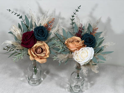 Mini Bouquets for Vases Teal Orange Boho Centerpiece 3 Flowers Dark Teal Burgundy Mini Centerpiece Decor Teal Burnt Orange Eucalyptus