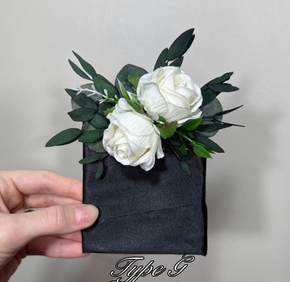 White Rose Pocket Boutonniere, Ivory Artificial Wedding Boutonniere, Groom Groomsmen Floral Pocket Square, Eucalyptus Greenery Boutonnière