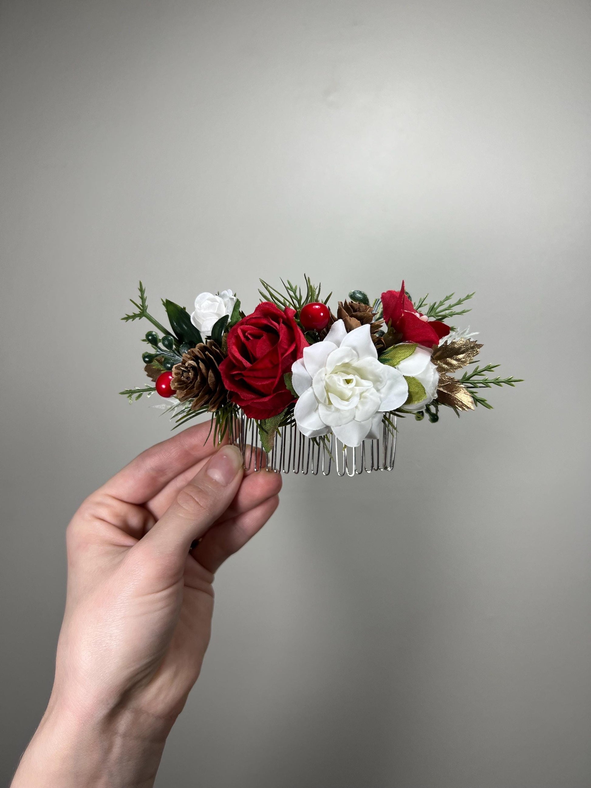 Hair Comb Wedding White Christmas Head Piece Red Winter Hair Comb Bridal Wedding Hair Accessories Winter Hair Comb Artificial Flower