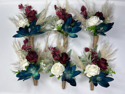 Teal Boutonniere Wedding Teal White Boutonnière Groom Boutonnière Durk Teal Burgundy Groomsmen Durk Teal Burgundy Boutonniere