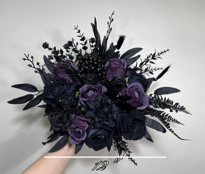 Black Plum Bouquet Bridal Cascading Black Wedding Bouquet Plum Gothic Bridesmaids Bouquet Cascade Dark Purple Black Wedding Artificial
