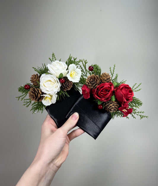 Pocket Boutonniere Christmas Wedding Groom White Red Square Boutonnières Groomsmen Pocket Boutonnière White Winter Boutonniere Pine Cone