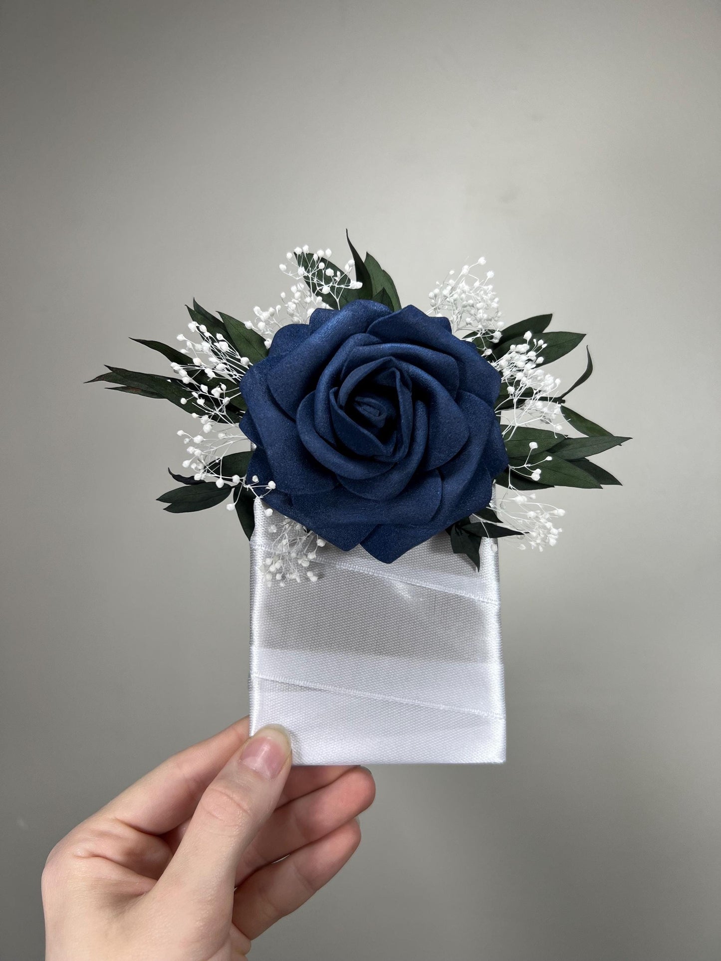 Navy Blue Pocket Boutonniere Wedding White Navy Blue Groom Boutonnière Square Groomsmen Blue Eucalyptus Boutonnière Artificial Flowers