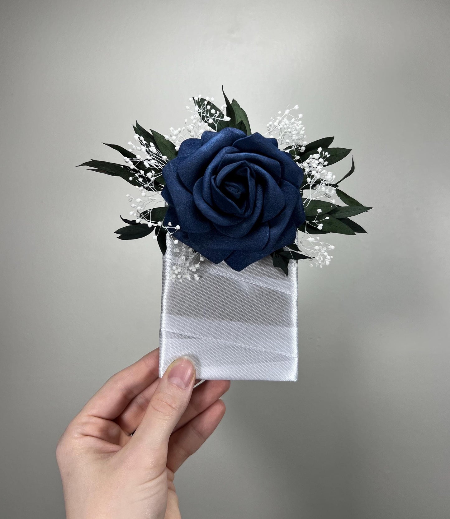 Navy Blue Pocket Boutonniere Wedding White Navy Blue Groom Boutonnière Square Groomsmen Blue Eucalyptus Boutonnière Artificial Flowers