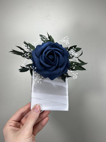 Navy Blue Pocket Boutonniere Wedding White Navy Blue Groom Boutonnière Square Groomsmen Blue Eucalyptus Boutonnière Artificial Flowers