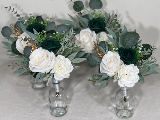 Mini Bouquets for Vases Emerald Green White Centerpiece 3 Flowers Emerald Green Mini Centerpiece Decor White Gold Eucalyptus