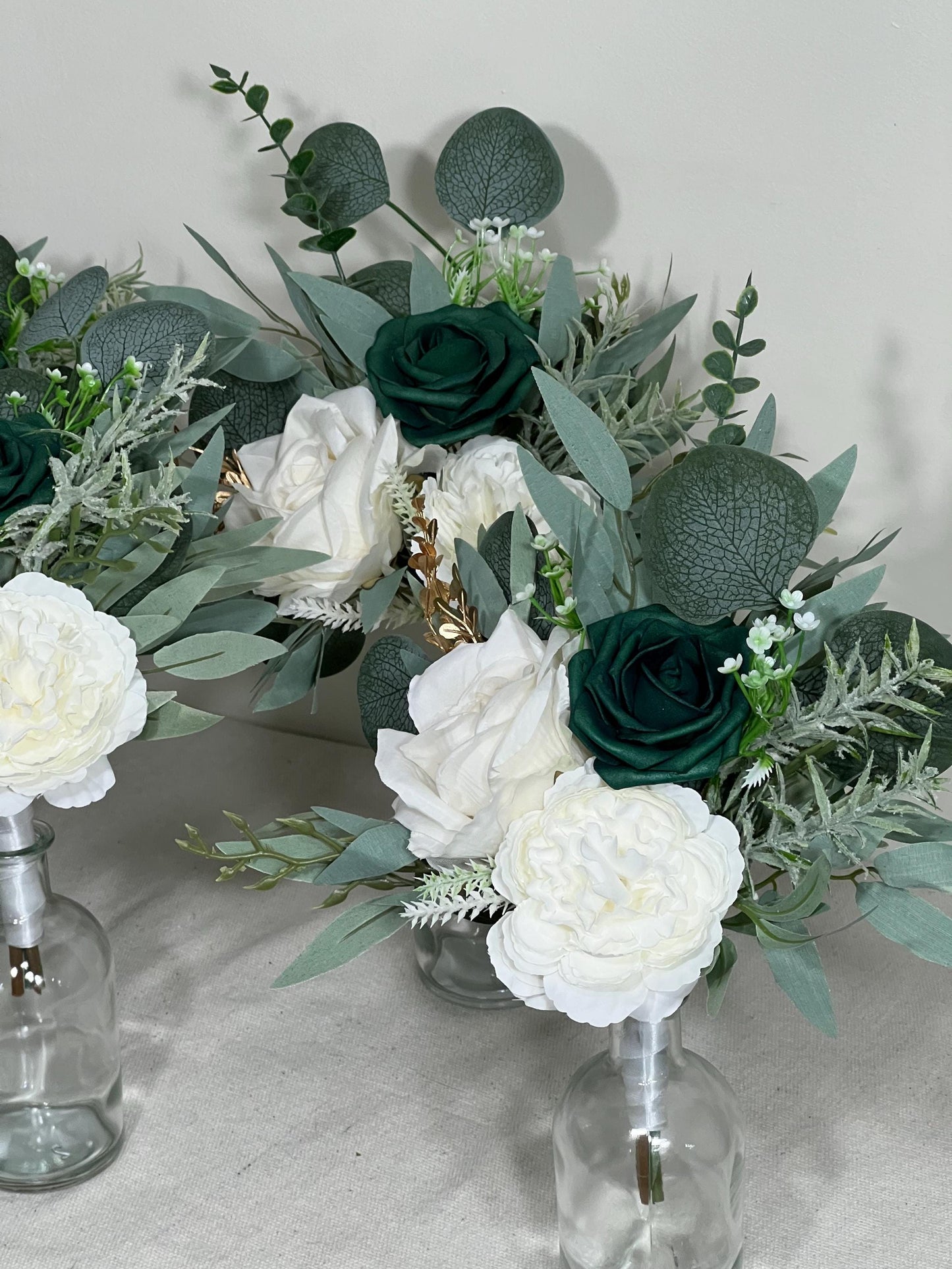 Mini Bouquets for Vases Emerald Green White Centerpiece 3 Flowers Emerald Green Mini Centerpiece Decor White Gold Eucalyptus