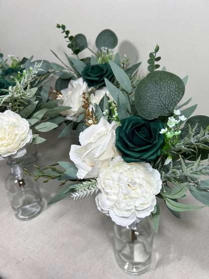 Mini Bouquets for Vases Emerald Green White Centerpiece 3 Flowers Emerald Green Mini Centerpiece Decor White Gold Eucalyptus