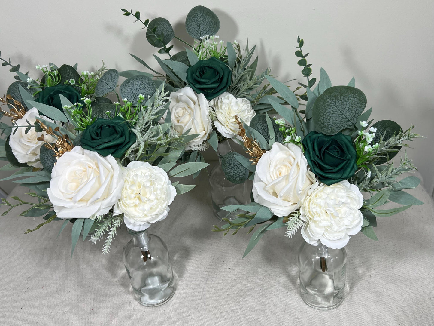 Mini Bouquets for Vases Emerald Green White Centerpiece 3 Flowers Emerald Green Mini Centerpiece Decor White Gold Eucalyptus