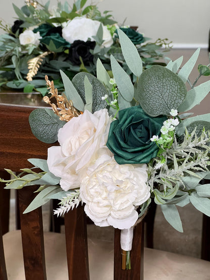 Emerald Green Bouquet Bridal Cascade White Black Bouquet Bridesmaids Emerald Green Forest Black Cascading Bouquet Gold Artificial Flower