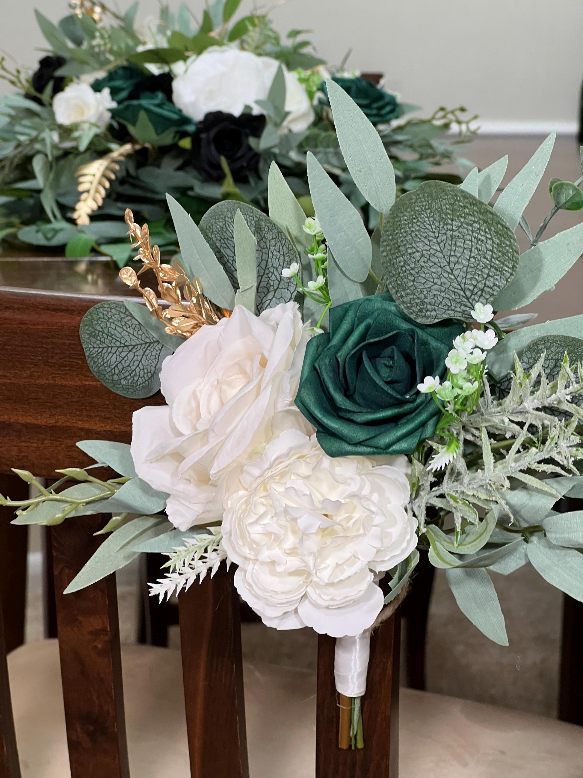 Emerald Green Bouquet Bridal Cascade White Black Bouquet Bridesmaids Emerald Green Forest Anemone Cascading Bouquet Gold Artificial Flower