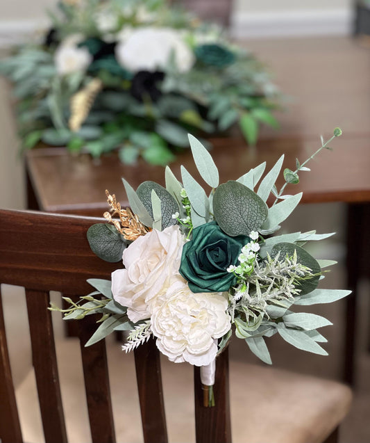 Pew Decor White Wedding Emerald Green Aisle Decoration Ivory Ceremony Decor Emerald Green Gold Chair Decoration White Aisle Marker Green