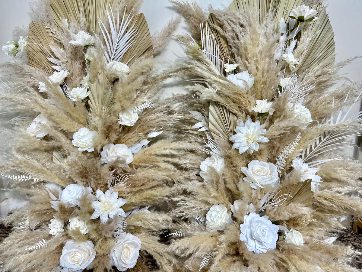 Set of 2 Wedding Aisle Marker Flower Floor Arrangement Whiskey Barrel Décor White Boho Ground Pampas Grass Dried Palm Leaves Natural Reddit
