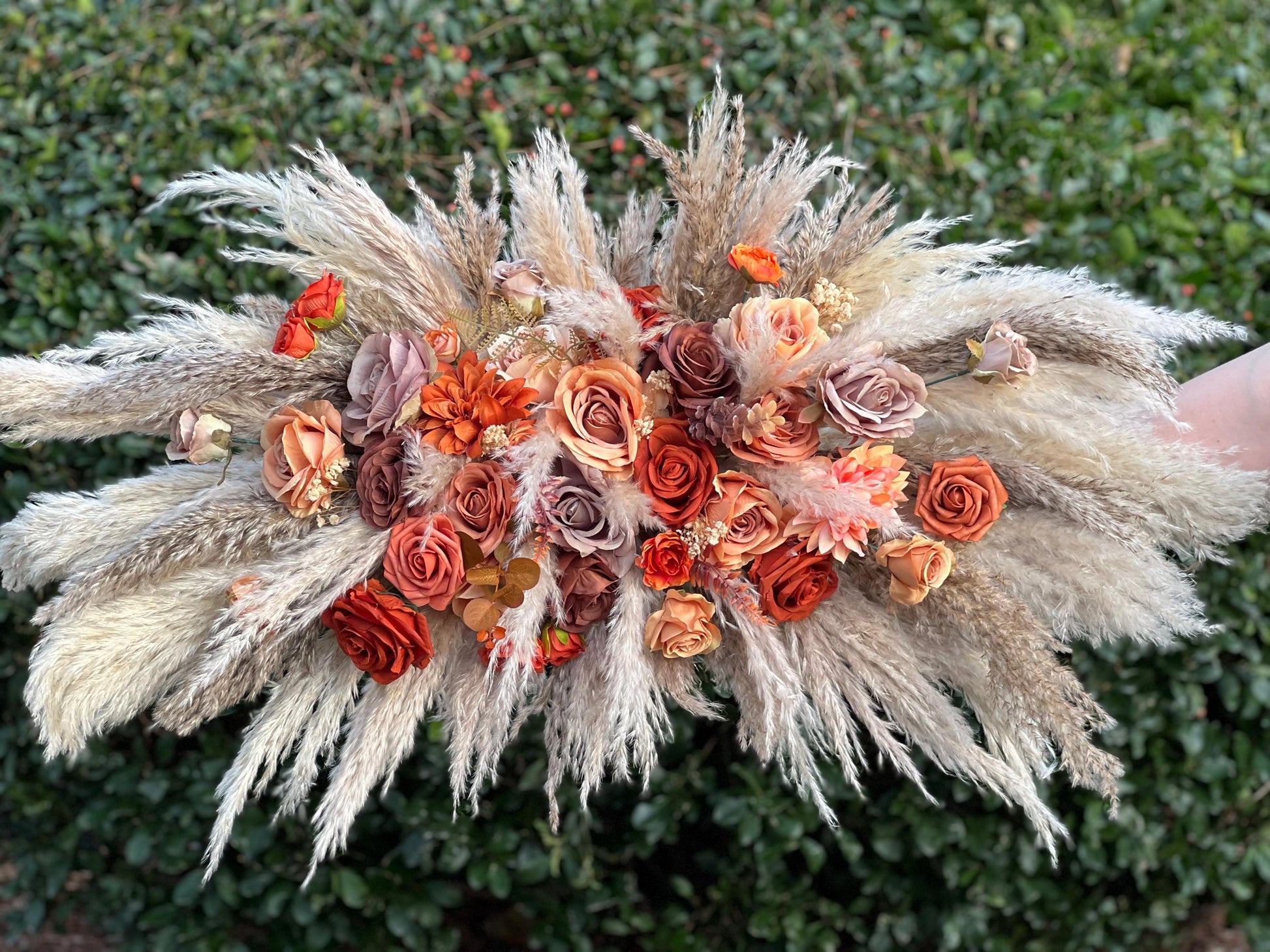 Wedding Arch Arrangement Rust Boho Terracotta Burnt Orange Brown Cinnamon Arch Aisle Arrangement Taupe Arbor Pampas Grass Swag Wall