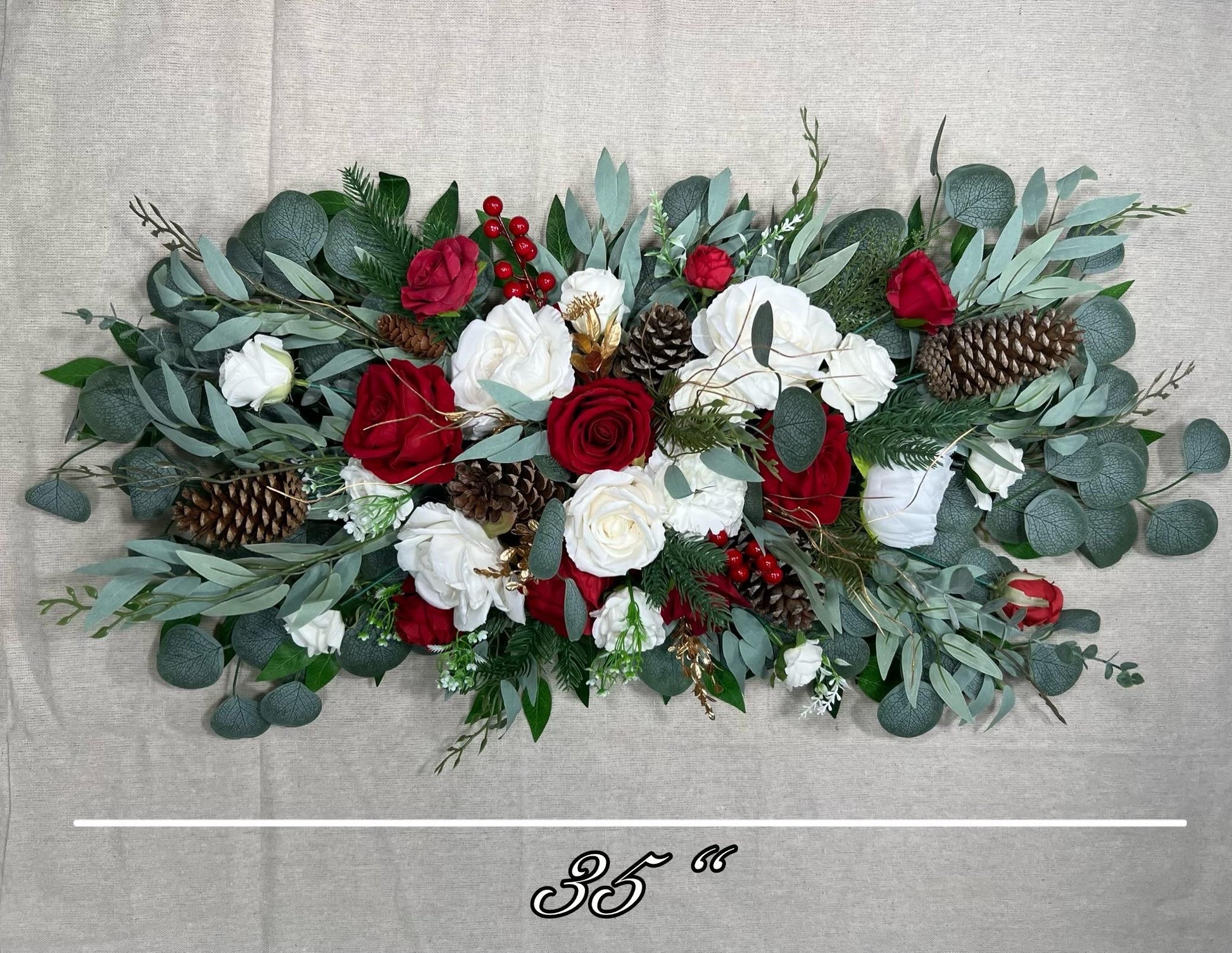 Wedding Christmas Bouquet Bridal Red White Rustic Bridesmaids Decor Gold Christmas Tree Winter Snow Pine Cone Red Berries Artificial