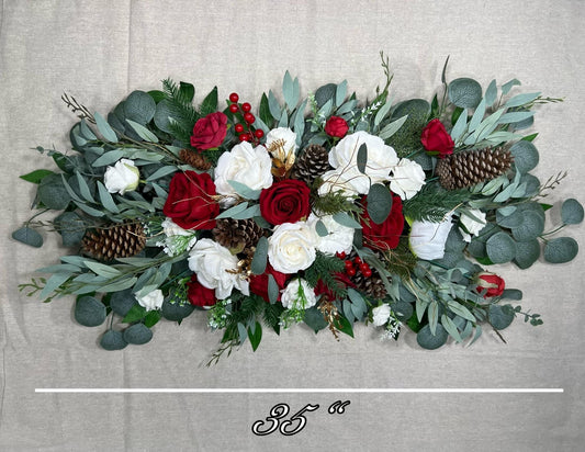 Wedding Christmas Bouquet Bridal Red White Rustic Bridesmaids Decor Gold Christmas Tree Winter Snow Pine Cone Red Berries Artificial