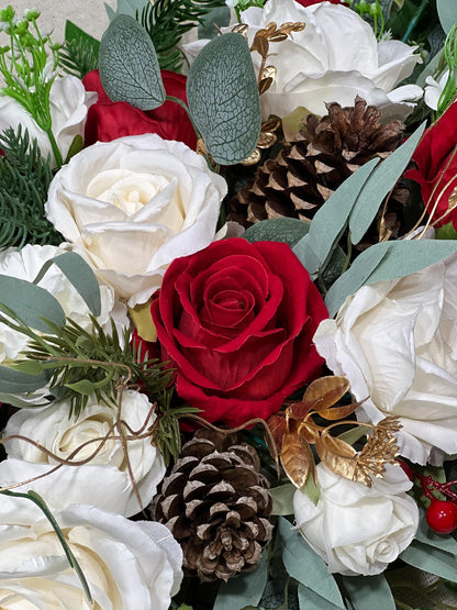 Christmas Arch Arrangement Wedding White Red Arbor Arrangement Winter Holiday Backdrop Flowers Artificial Ivory Gold Evergreen Pine Cones
