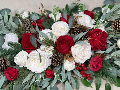 Christmas Arch Arrangement Wedding White Red Arbor Arrangement Pine Cone Backdrop Christmas White Arch Arrangement Red Gold Pine Tree