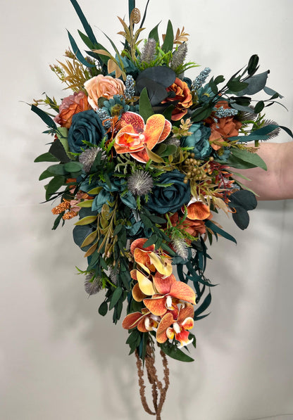 Teal Orange Bouquet Wedding Bridal Cascade Bouquet Terracotta Rustic Dark Teal Rust Orchid Eucalyptus Thistle Burnt Orange Artificial Flower
