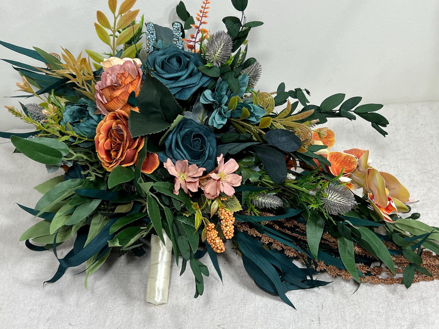 Teal Orange Bouquet Wedding Bridal Cascade Bouquet Terracotta Rustic Dark Teal Rust Orchid Eucalyptus Thistle Burnt Orange Artificial Flower