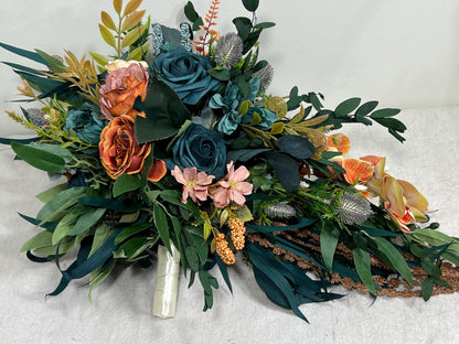 Teal Orange Bouquet Wedding Bridal Cascade Bouquet Terracotta Rustic Dark Teal Rust Orchid Eucalyptus Thistle Burnt Orange Artificial Flower