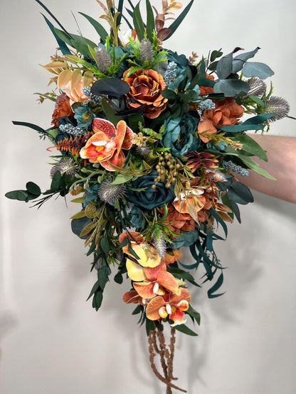 Teal Orange Bouquet Wedding Bridal Cascade Bouquet Terracotta Rustic Dark Teal Rust Orchid Eucalyptus Thistle Burnt Orange Artificial Flower