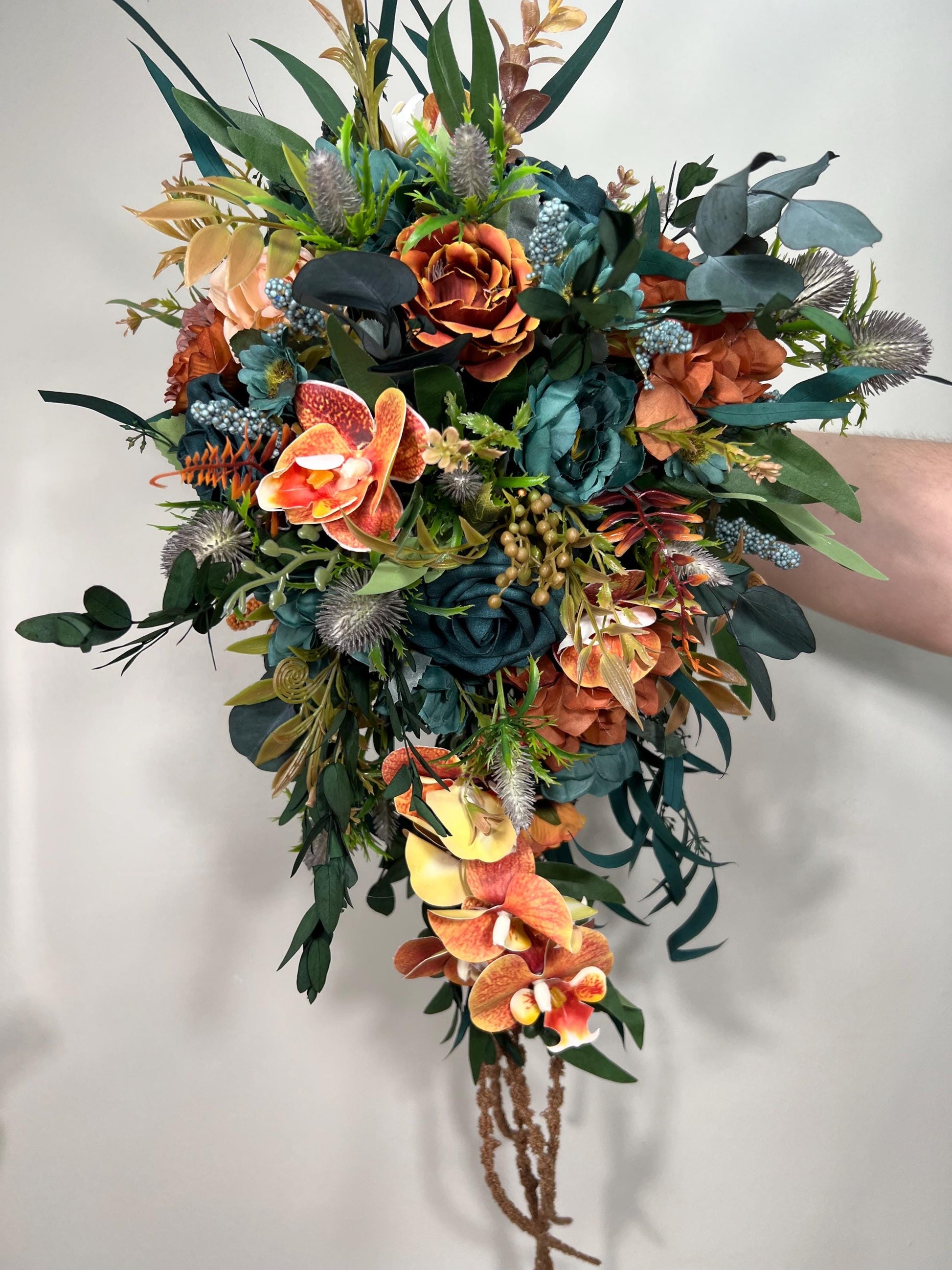 Teal Orange Bouquet Wedding Bridal Cascade Bouquet Terracotta Rustic Dark Teal Rust Orchid Eucalyptus Thistle Burnt Orange Artificial Flower