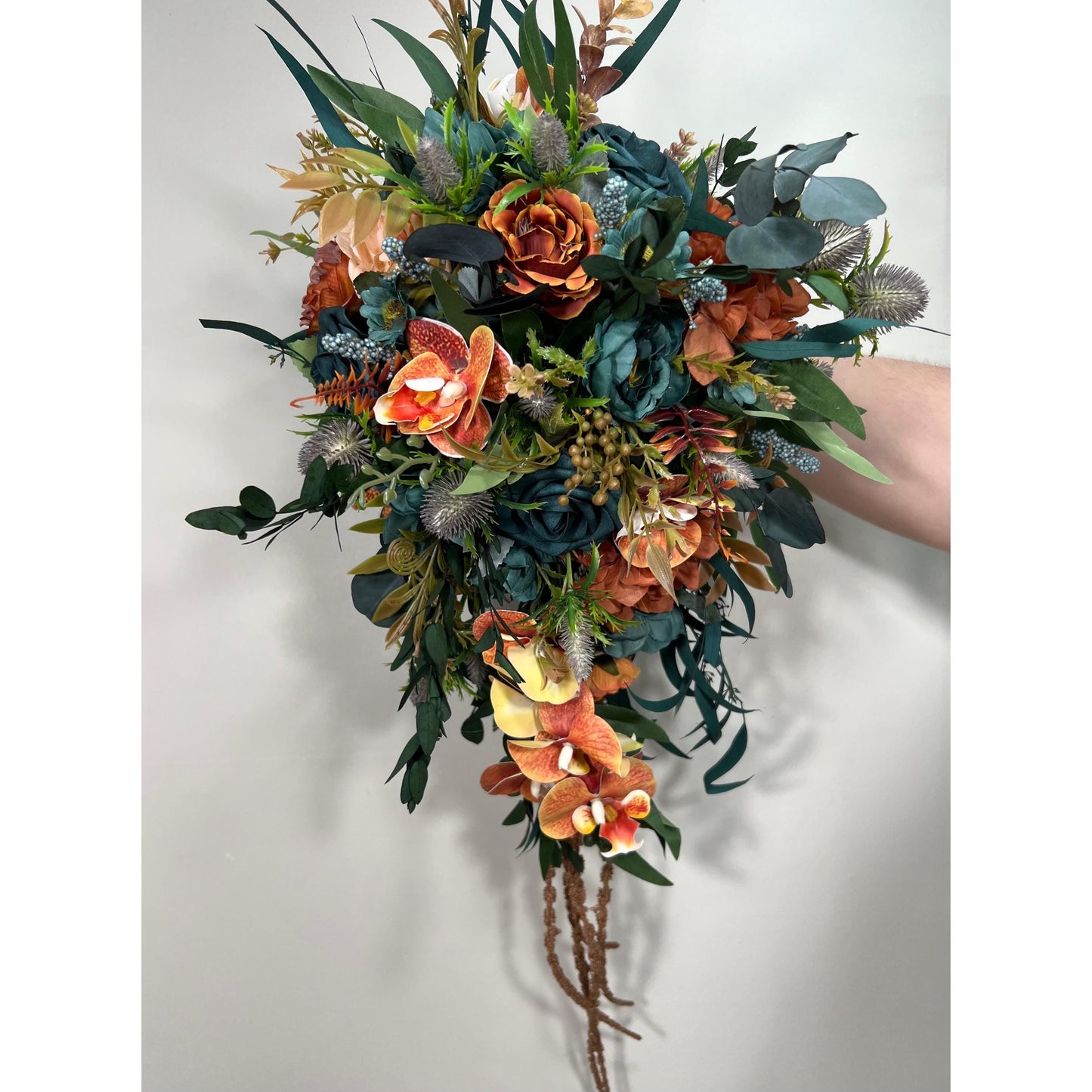 Teal Orange Bouquet Wedding Bridal Cascade Bouquet Terracotta Rustic Dark Teal Rust Orchid Eucalyptus Thistle Burnt Orange Artificial Flower